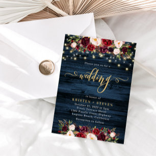 Invitation Bourgogne Marsala Floral et Mariage bleu de la mar