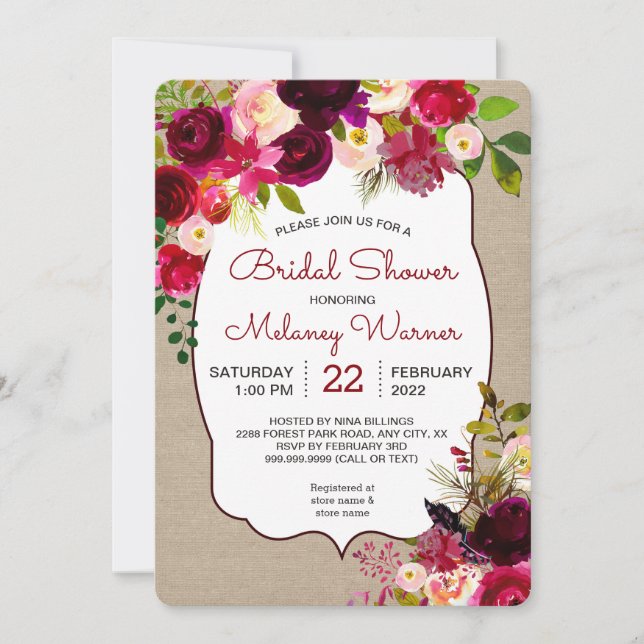 Invitation Bourgogne Marsala Floral Fête des mariées invitati (Devant)