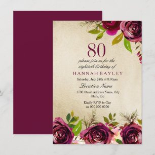 Invitation Bourgogne Marsala Floral Gold 80e anniversaire Inv