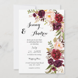 Invitation Bourgogne Marsala Floral Mariage 3 Blanc