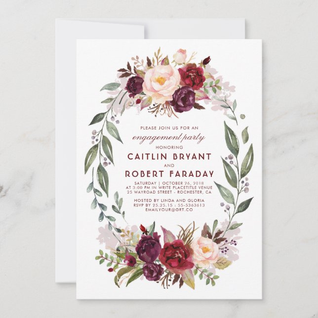 Invitation Bourgogne - Marsala Floral Wreath Engagement Party (Devant)