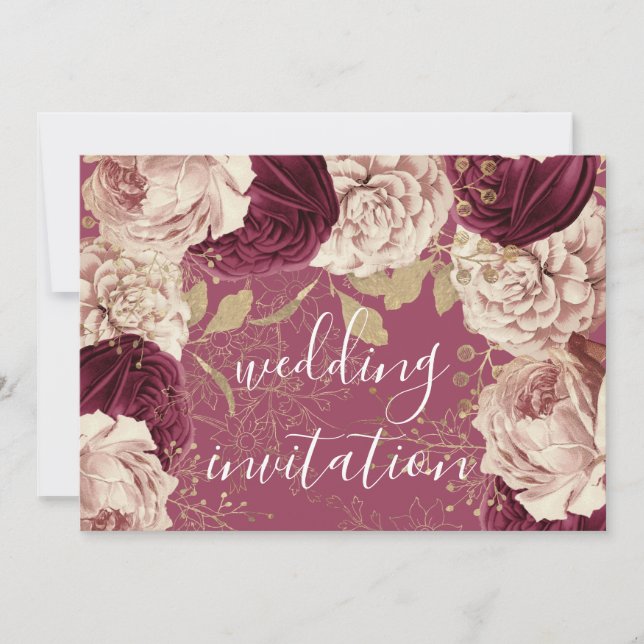 Invitation Bourgogne Marsala Mariage Rose rose Roses Floral (Devant)