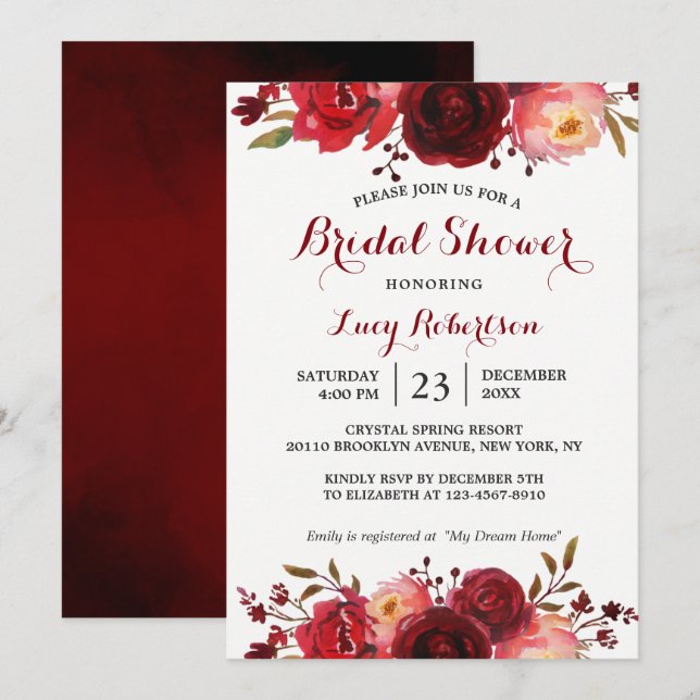 Invitation Bourgogne Marsala Roses rouges Fête des mariées fl (Devant / Derrière)