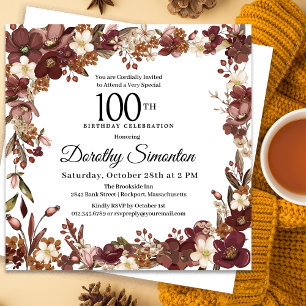 Invitation Bourgogne Mauve ivoire automne floral 100e anniver