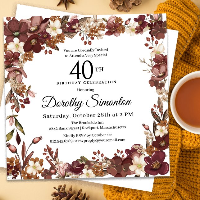 Invitation Bourgogne Mauve ivoire automne floral 40e annivers (Need matching party supplies? Message me!)