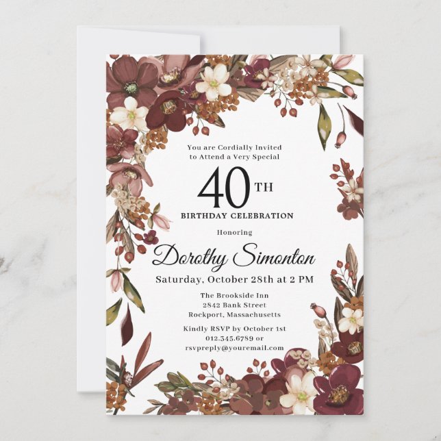 Invitation Bourgogne Mauve ivoire automne floral 40e annivers (Devant)