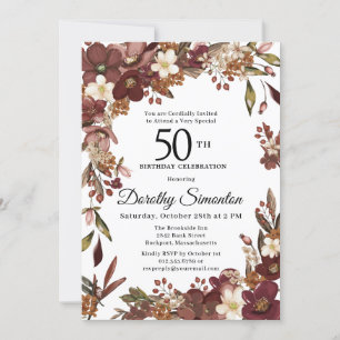 Invitation Bourgogne Mauve ivoire automne floral 50e annivers