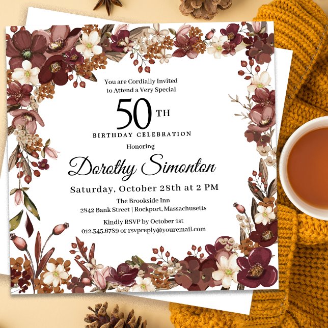 Invitation Bourgogne Mauve ivoire automne floral 50e annivers (Need matching party supplies? Message me!)