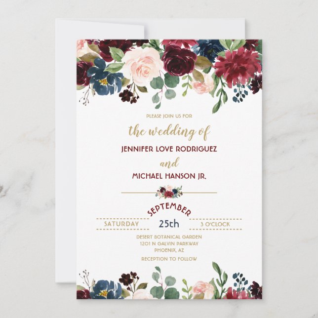 Invitation Bourgogne Merlot & Fleurs Bleu Marine Mariage (Devant)