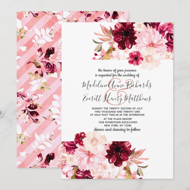 Invitation Bourgogne moderne & Blush Floral Wedding Invitatio (Devant / Derrière)