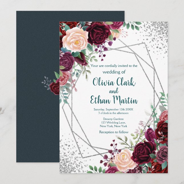 Invitation Bourgogne moderne floral avec les confettis (Devant / Derrière)
