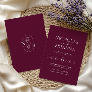 Invitation Bourgogne Monogramme de Mariage Bohème Minimaliste