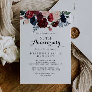 Invitation Bourgogne Noces de Mariage 50 Ans Fleur Navy 