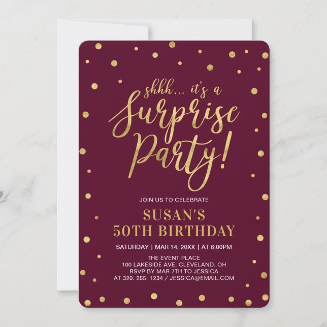 Invitation Bourgogne & Or Adulte 50e fête d'anniversaire surp (Devant)