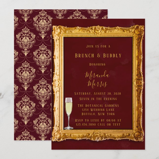 Invitation Bourgogne & Or de luxe Royal Brunch & Bubbly (Devant / Derrière)