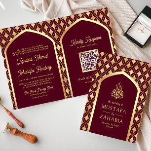 Invitation Bourgogne Or Diamants Arche Code QR Mariage Musulm