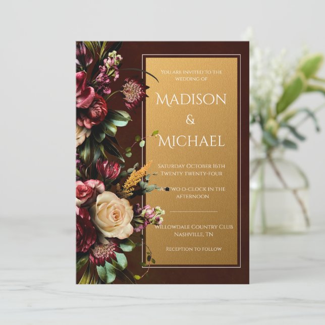 Invitation Bourgogne & Or Floral Mariage moderne (Debout devant)