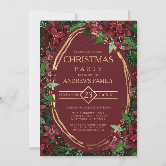 Invitation Bourgogne Or Poinsettia Ivy Floral Noël (Devant)