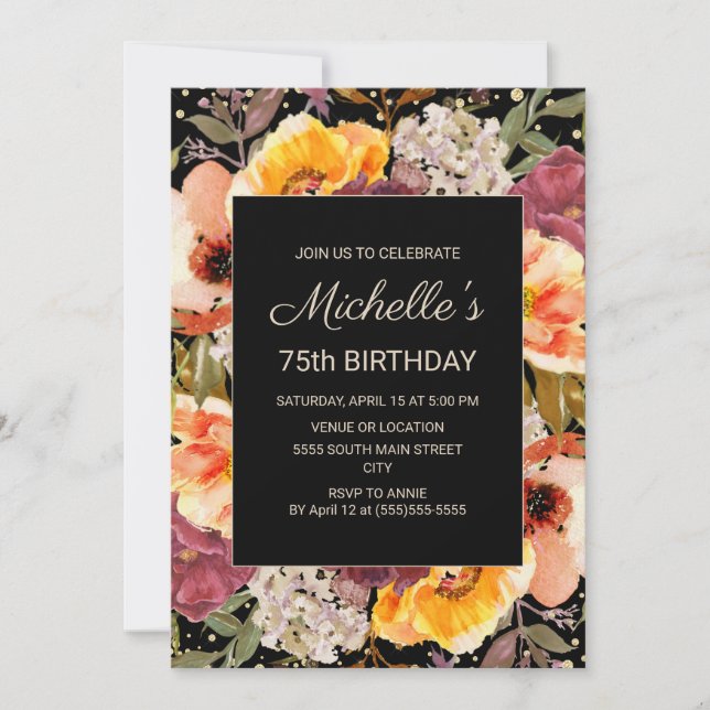 Invitation Bourgogne Orange Floral Gold Black 75e anniversair (Devant)