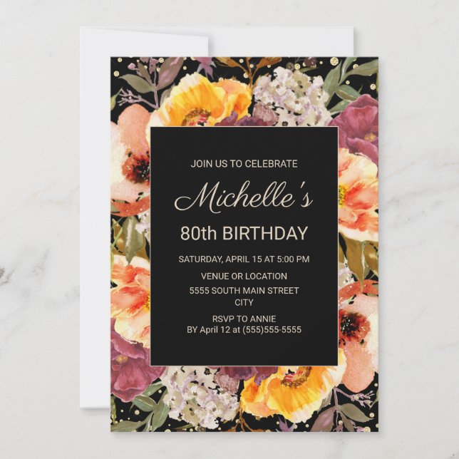 Invitation Bourgogne Orange Floral Or Noir 0e anniversaire (Devant)