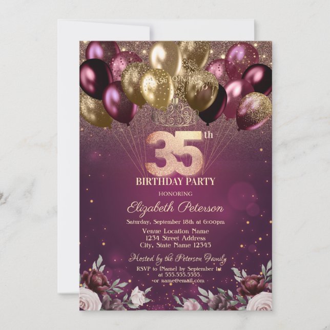 Invitation Bourgogne Parties scintillant Ballons Fleurs 35e a (Devant)