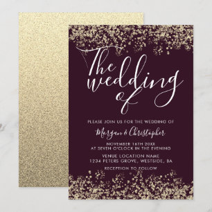 Invitation Bourgogne & Parties scintillant d'or Mariage moder