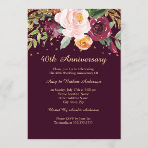 Invitation Bourgogne Parties scintillant florale 40e annivers