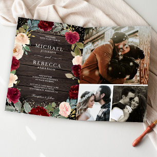Invitation Bourgogne Pêche Floral Code QR Photo Bois Mariage