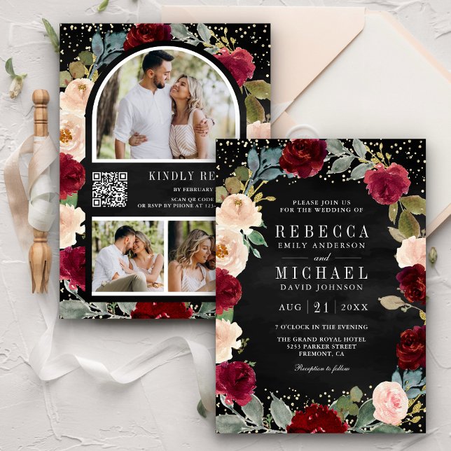 Invitation Bourgogne Pêche Floral Noir Code QR Mariage (Créateur téléchargé)
