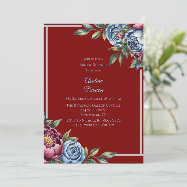 Invitation Bourgogne Peony et Fête des mariées Rose bleu (Debout devant)