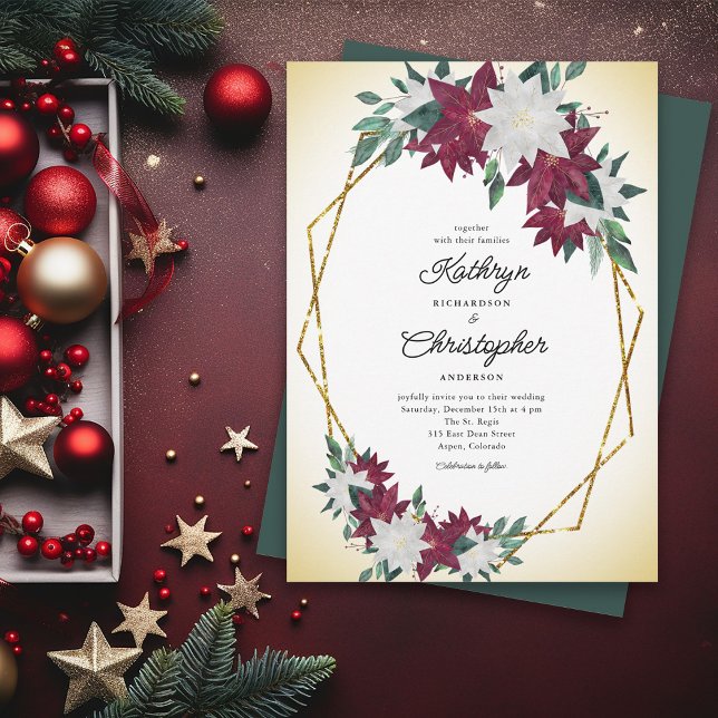 Invitation Bourgogne Poinsettia Gold Frame Mariage Noël (Créateur téléchargé)