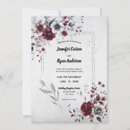 Invitation Bourgogne profond gris argent aquarelle floral 