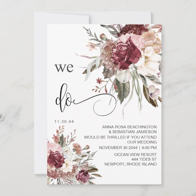 Invitation *~* Bourgogne QR RSVP AR15 MARIAGE Rose floral (Devant)