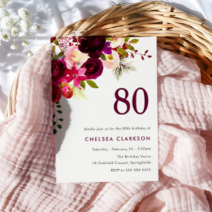 Invitation Bourgogne Red Boho Floral 80e fête d'anniversaire