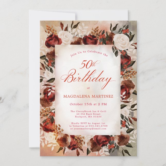 Invitation Bourgogne Rose blanche Chute Florale 50e anniversa (Devant)