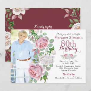 Invitation Bourgogne Rose du pays rose Photo 80e anniversaire