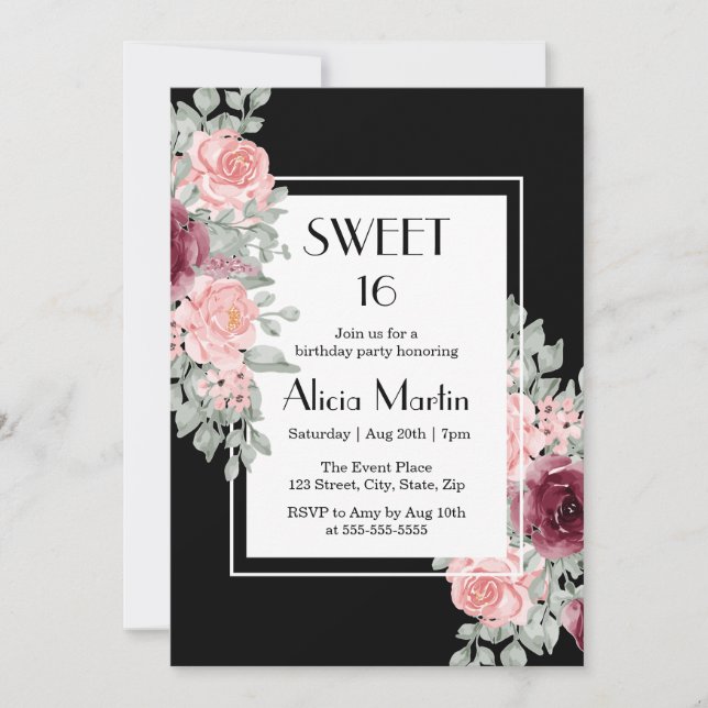 Invitation Bourgogne Rose Fleur Douce 16 Noir Anniversaire (Devant)