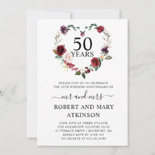 Invitation Bourgogne rose Floral 50e anniversaire Mariage Inv