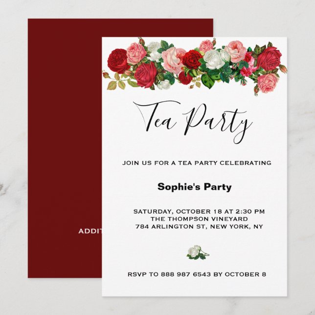 Invitation Bourgogne Rose Floral Garland Tea Party (Devant / Derrière)