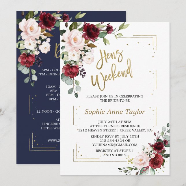 Invitation Bourgogne Rose Floral Gold Bachelorette Week-end (Devant / Derrière)