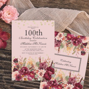 Invitation Bourgogne rose Floral Gold Parties scintillant 100