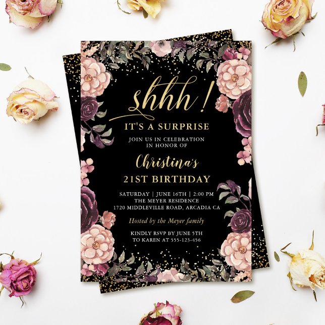 Invitation Bourgogne rose Floral Noir Surprise fête d'anniver (Créateur téléchargé)