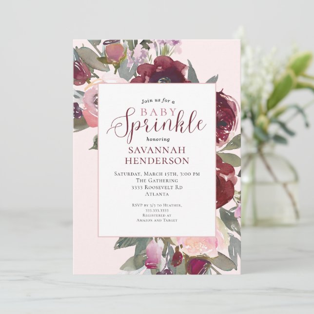 Invitation Bourgogne Rose Floral pour Fille Baby Shower Paill (Debout devant)