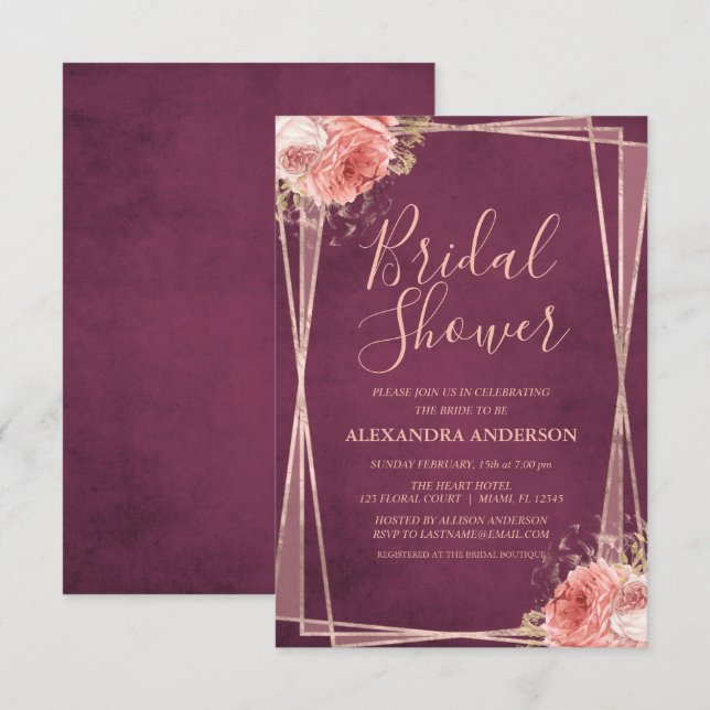 Invitation Bourgogne Rose Gold Fête des mariées Florale (Devant / Derrière)