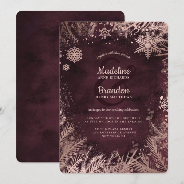 Invitation Bourgogne & Rose Gold Snowflakes Mariage de vacanc (Devant / Derrière)