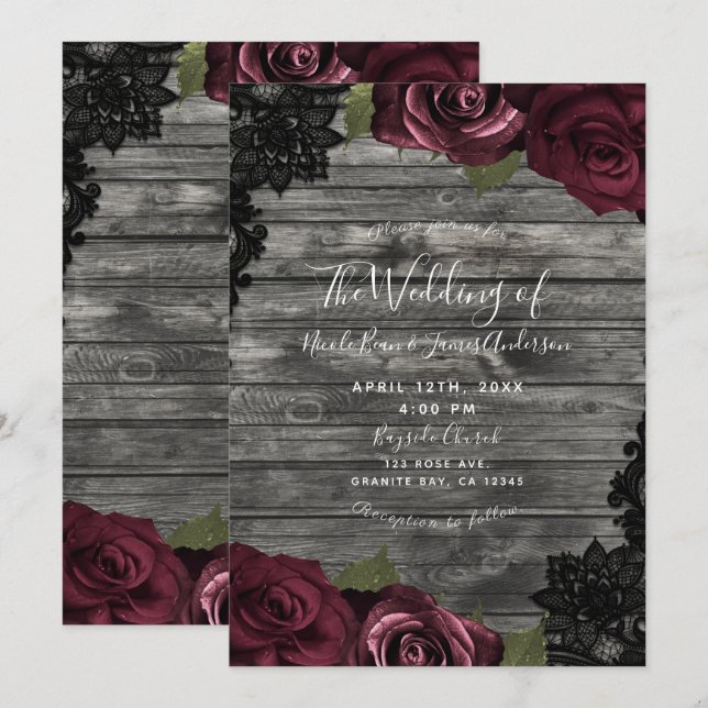 Invitation Bourgogne Rose gris bois noir dentelle Mariage (Devant / Derrière)
