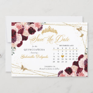 Invitation Bourgogne Rose & Or Quinceañera Enregistrer La Dat