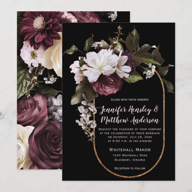 Invitation Bourgogne, rose pâle, Mariage de bouquet floral bl (Devant / Derrière)