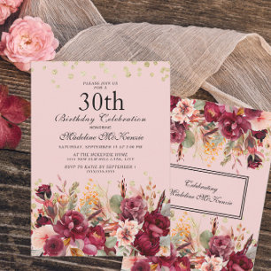 Invitation Bourgogne rose Parties scintillant d'or floral 30e