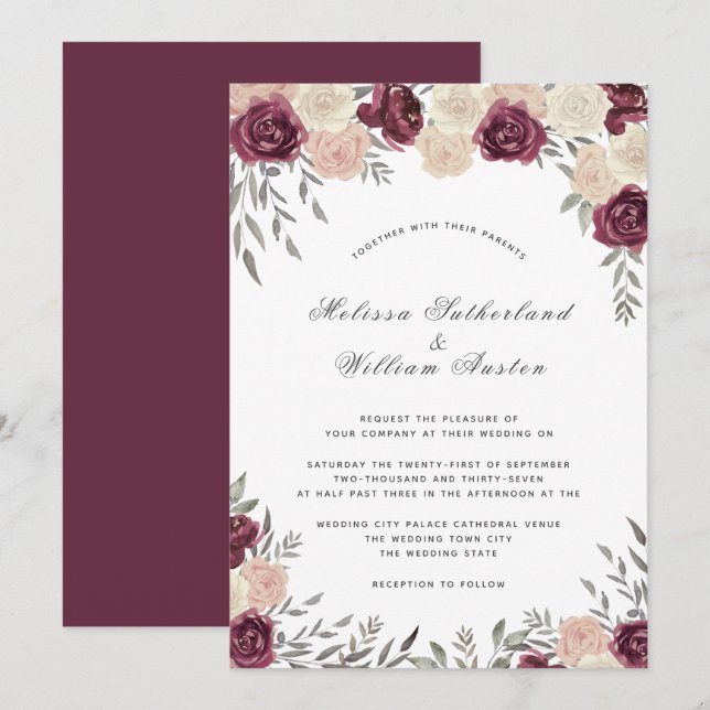 Invitation Bourgogne Rose Poussiéreux Fard Rose Mariage (Devant / Derrière)